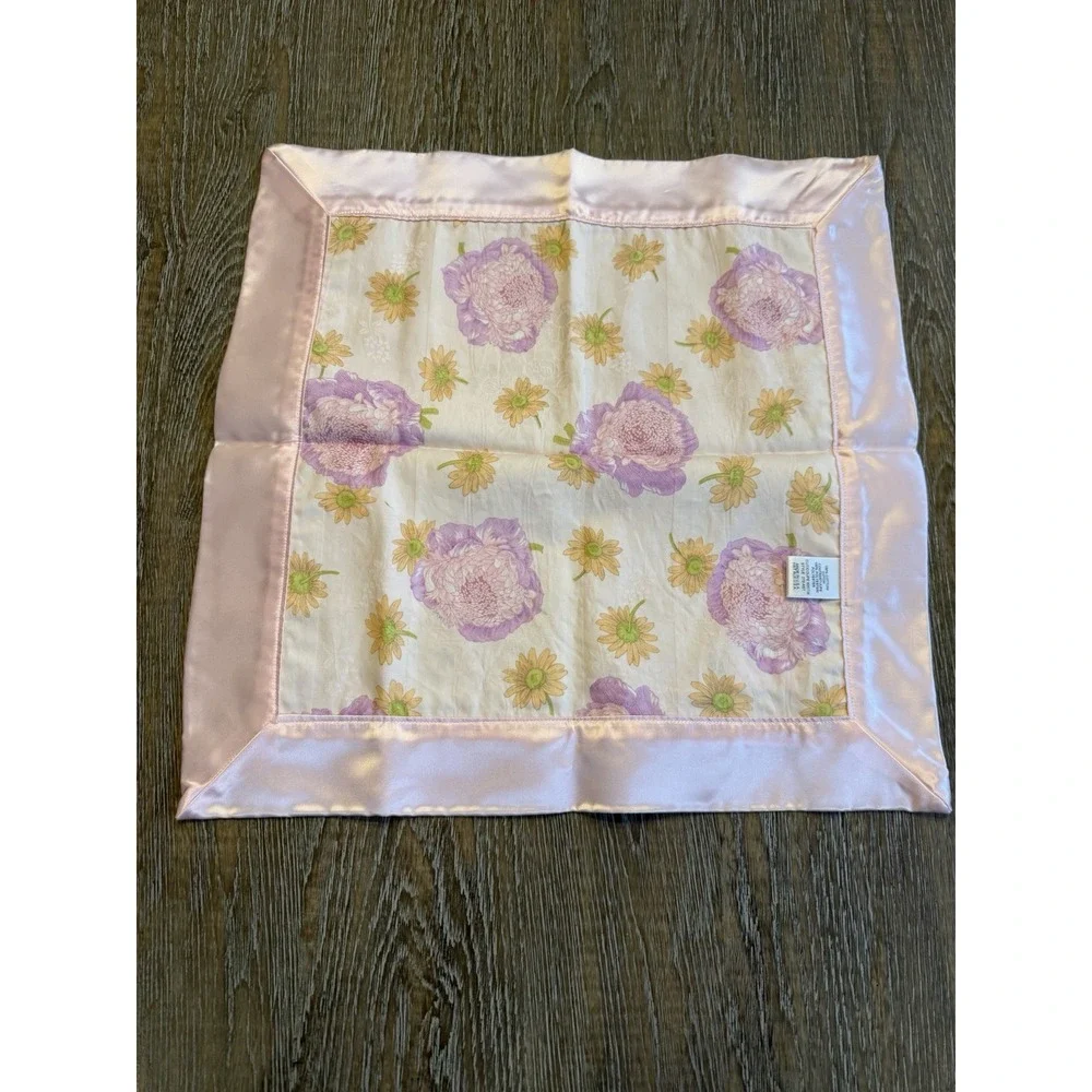 Baby Lulu LA Pink White Floral Security Blanket with satin edge 18